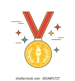gold medal with torch and red ribbon. flat icon of shining winner medal on white background. vector illustration in cartoon style.