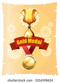 Gold medal and trophy on poster illustration