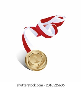 Gold Medal Vector. 1st Gold Champion Badge. Sports Game Gold Challenge Award. Red and white ribbon. white background