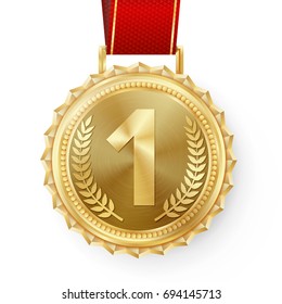 Gold Medal Vector. Best First Placement. Winner, Champion, Number One. 1st Place Achievement. Metallic Winner Award.  Red Ribbon. Isolated On White Background. Realistic illustration.