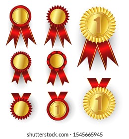 Gold Medal Vector. Golden 1st Place Badge. Sport Game Golden Challenge Award. Red Ribbon. Realistic illustration.