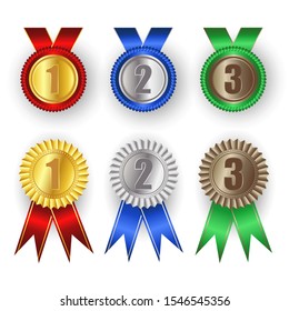 Gold Medal Vector. Golden 1st 2 st 3 st Place Badge. Sport Game Golden Challenge Award. Red Ribbon. Realistic illustration.