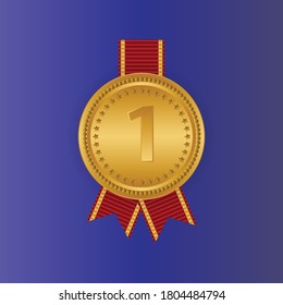 Gold Medal Vector. Golden 1st Place Badge. Sport Game Golden Challenge Award. Red Ribbon. Isolated.
