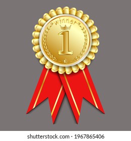 Gold Medal Vector. Golden 1st Place Competition Badge. Golden Challenge Award. Red Ribbon with golden stripes. Isolated. Laurel branches. Realistic illustration.