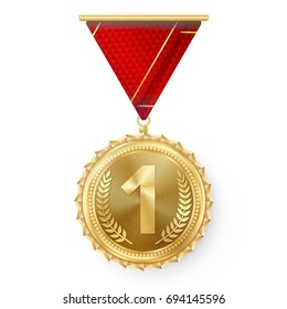 Gold Medal Vector. Golden 1st Place. Ceremony Winner Honor Prize. Isolated On White. Olive Branch. Realistic illustration.