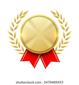 Gold Medal Vector. Golden blank space Place Badge. Sport Game Golden Challenge Award. Red Ribbon. 