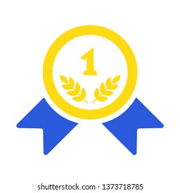 Gold medal vector icon. Golden 1st place badge. Sign award with blue ribbon isolated on white background