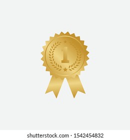 Gold Medal Vector Icon, Golden Badge vector, Medal with Ribbon, Olive Branch, Award ribbon gold icon, Symbol best trophy, 1st success champion, honor, achievement leadership, victory Vector