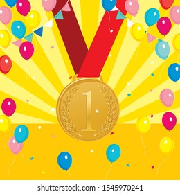 gold medal vector illustration with colorful balloons and garland background