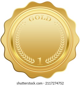 Vector de medalla de oro con correa laurel en oro sobre fondo blanco aislado.
Ilustración vectorial con gradientes lisos y corona laurel.