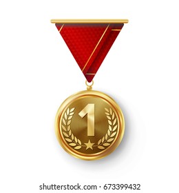 Gold Medal Vector. Metal Realistic First Placement Achievement. Round Medal With Red Ribbon, Relief Detail Of Laurel Wreath And Star. Competition Game Golden Achievement. Winner Trophy Award