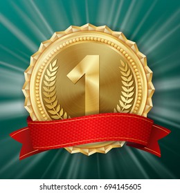 Gold Medal Vector. Round Championship Label. Ceremony Winner Honor Prize. Red Ribbon. Realistic illustration.

