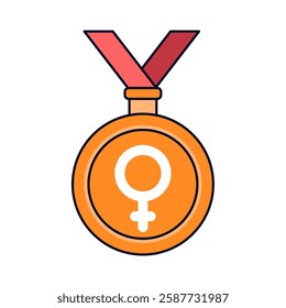 Gold medal with venus sign. Vector woman podium present. Women sport event element. Female or girl, lady event first place celebration gift. Feminine winner decoration. Isolated clipart for feminism