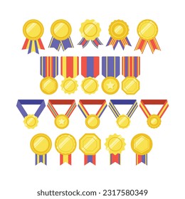 Gold medal or winner award icon, logo. Suitable for the design element of a championship medal, first place winner, gold, silver and bronze medalist. Circle awards with ribbons. Achievement symbol.