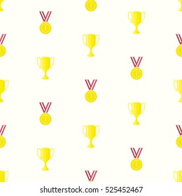 Gold medal and winner cup, seamless pattern in flat design style. Champion cups, golden medals and trophies template.