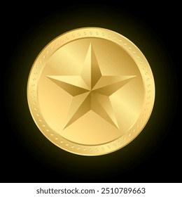 Vencedor de medalha de ouro, Distintivo de Gradiente de Ouro Círculo Realista Vetor com ícone de estrela para prêmios esportivos vencedores, medalhões para campeão, aniversário ou celebração isolados no fundo escuro