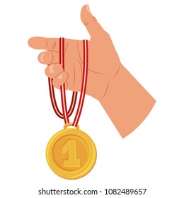 Gold medal of winner in hand. Vector cartoon flat icon isolated on white background.
