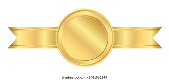 Medalla de oro con cintas horizontales, medallas Golden Gradient Badge circle Vector realista con decoraciones para los premios deportivos ganadores, medallones para la celebración del campeón, aniversario o jubileo