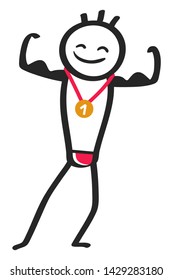 Gold medal winner strong stick man posing