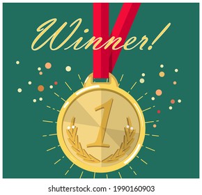Gold medal for the winner surrounded by confetti. Vector illustration