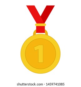 Gold medal for winners with red ribbon, stock vector illustration, eps 10