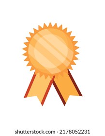 Gold medal with yellow ribbon. Congratulation of winner in competition. Prize in separate nomination, achievement. Luxurious award for best employee, musician. Cartoon flat vector illustration