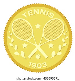 Gold medallion with the image of rackets and ball for tennis. Colored vector illustration of tennis. Stock vector illustration