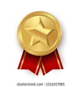 Gold medallion with star and red ribbons isolated on white background. Vector design element