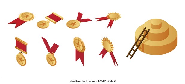 Gold medals, awards and staircase leading to the first place on pedestal isometric illustration. Victory, professional and sports achievements, persistence and success vector concept.