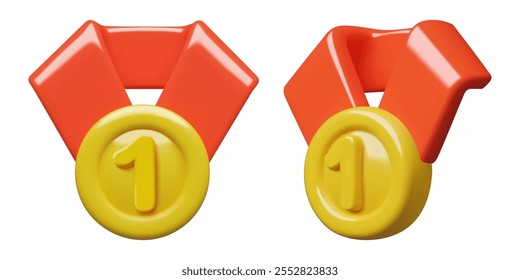 Medallas de oro en primer lugar iconos vectoriales 3D con un número uno. Ganador y premio del campeón con una cinta roja aislada en el fondo blanco.