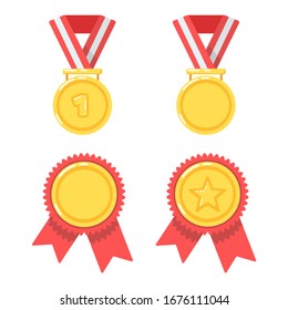 Gold medals for first place in a sports competition with a star. Victory. Red ribbon. Flat minimalistic design. Icons. Isolated clipart set on white background.