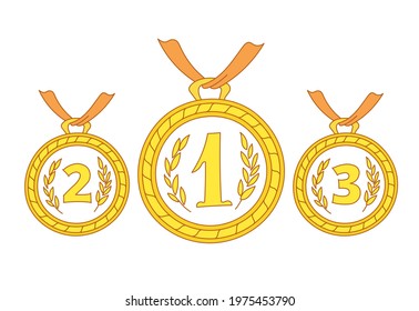 Gold medals. First second and third place. Competition award. Hand drawn vector. Editable stroke. Outline contour line.