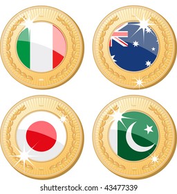 Gold medals with flags of Italy, Australia, China and Pakistan in center