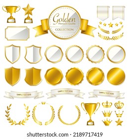 Gold medals, laurel wreaths, frames, ribbons, trophies, patches. White gold color. 　Vector illustration set
