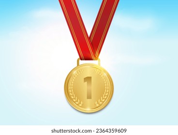 Gold Medals with Red Ribbon in Blue Sky Background. Sport Winner Medal. Champion and Winning Concept. Vector Illustration.