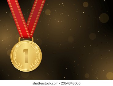 Gold Medals with Red Ribbon in Dark Gold Background. Sport Winner Medal. Champion and Winning Concept. Vector Illustration.