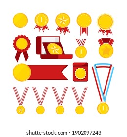 Gold Medals With Red Ribbon Set Isolated On White Background. Icon Award Golden Medallion Sign First Place With Star, Dots, Laurel Branches. Vector Flat Design Cartoon Style Clip Art Illustration.