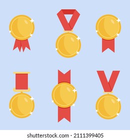 Medallas de oro con cinta roja. Deporte, competencia, premio o marca de calidad de producto certificado, etiqueta de excelencia, premio de alto grado. Ilustración vectorial en estilo plano.