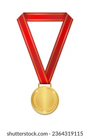 Gold Medals with Red Ribbon. Sport Winner Medal. Champion and Winning Concept. Vector Illustration.