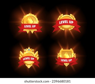 Gold medals with red ribbons, icons for game design, vector on black background. Set of simple cartoon ui elements, winner badges. Shining web buttons. Collection of metal awards and emblems. Level up