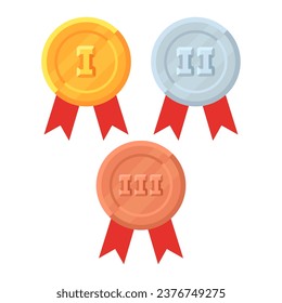 Gold medals with ribbon for first, second, and third place. Flat illustrations of gold, bronze, and silver medal.