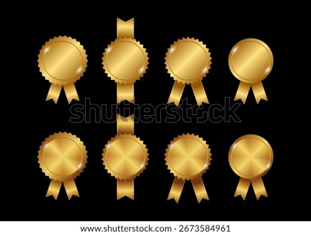 Gold medals with ribbons vector set. Realistic round medals for awarding the winner.