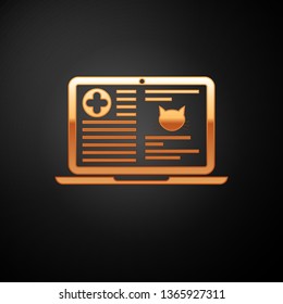 Gold Medical clinical record cat on laptop icon isolated on black background. Health insurance form. Prescription, medical check marks report. Vector Illustration