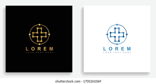 Gold medical cross technology logo. Modern logo icon template vector design