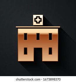 Gold Medical hospital building with cross icon isolated on black background. Medical center. Health care. Long shadow style. Vector Illustration