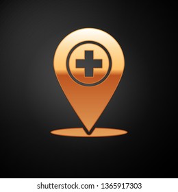Gold Medical map pointer with cross hospital icon isolated on black background. Vector Illustration