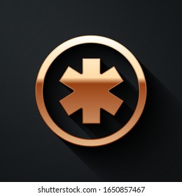 Gold Medical symbol of the Emergency - Star of Life icon isolated on black background. Long shadow style. Vector Illustration