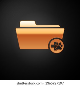 Gold Medical veterinary record folder icon isolated on black background. Dog or cat paw print. Document for pet. Patient file icon. Vector Illustration
