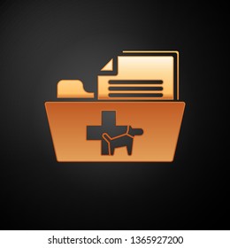 Gold Medical veterinary record folder icon isolated on black background. Dog or cat paw print. Document for pet. Patient file icon. Vector Illustration