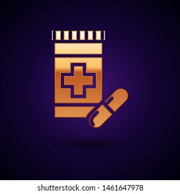 Gold Medicine bottle and pills icon isolated on dark blue background. Bottle pill sign. Pharmacy design.  Vector Illustration